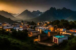 Foto tapet de himmel, berg, de Sol, de berg, de by, de berg,. ai-genererad