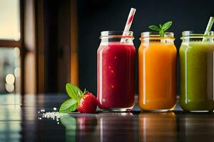 tre annorlunda typer av smoothies i glas burkar. ai-genererad foto