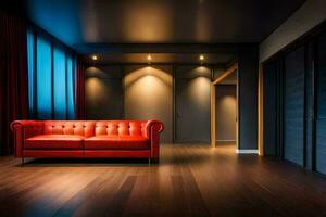 en röd soffa i en mörk rum. ai-genererad foto