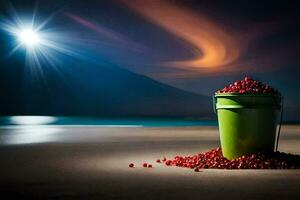 granatäpple på de strand, solnedgång, granatäpple, solnedgång, pome. ai-genererad foto