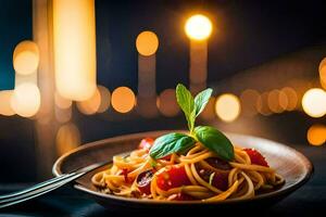 en tallrik av pasta med tomater och basilika på en tabell i främre av en suddigt bakgrund. ai-genererad foto