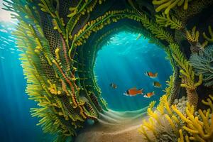 ett under vattnet tunnel med gul koraller och fisk. ai-genererad foto