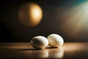 två ägg på en tabell med en ljus lysande på dem. ai-genererad foto