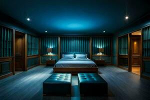 en sovrum med blå belysning och trä- paneler. ai-genererad foto