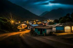 en by på natt med en berg i de bakgrund. ai-genererad foto