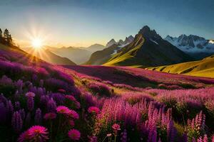 de Sol stiger över de bergen och blommor i de förgrund. ai-genererad foto