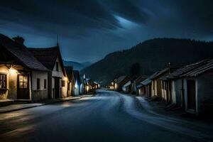 en mörk gata i de mitten av en by på natt. ai-genererad foto