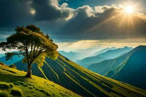 de Sol lyser över en ensam träd på en gräs- kulle. ai-genererad foto