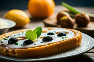 en tallrik med en bröd med oliver och ost. ai-genererad foto