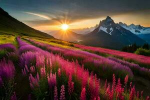 de Sol stiger över de bergen och de blommor blomma i de förgrund. ai-genererad foto