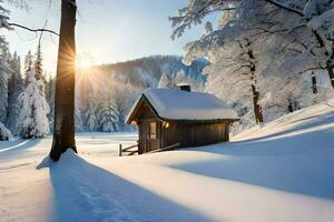 en stuga i de snö med de Sol lysande. ai-genererad foto