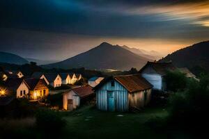 Foto tapet de himmel, berg, de by, de hus, de berg, de by,. ai-genererad