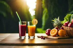 två glasögon av juice och frukt på en tabell. ai-genererad foto