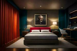 en sovrum med en säng, skrivbord och målning. ai-genererad foto