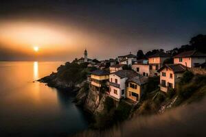 en by på de kust på solnedgång. ai-genererad foto