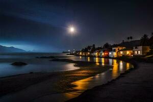 de måne lyser ljust över en strand på natt. ai-genererad foto