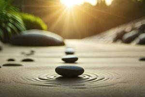 en zen trädgård med stenar och en Sol lysande. ai-genererad foto