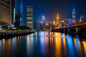 de stad horisont på natt i shanghai. ai-genererad foto