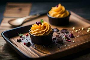 två muffins på en trä- bricka med choklad och körsbär. ai-genererad foto