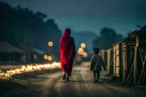 en kvinna och barn gående ner en väg på natt. ai-genererad foto