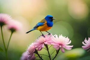 en blå och orange fågel är uppflugen på en rosa blomma. ai-genererad foto