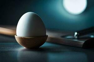 ett ägg i en trä- skål på en tabell. ai-genererad foto
