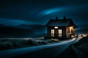 en små hus sitter på de sida av en väg på natt. ai-genererad foto
