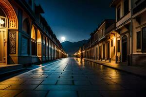 en gata på natt med en full måne i de bakgrund. ai-genererad foto