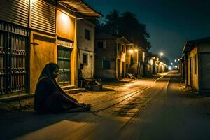 en kvinna sitter på de gata på natt i en små stad. ai-genererad foto