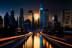 en stad horisont på natt med en full måne. ai-genererad foto
