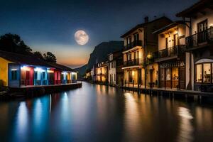 en flod med hus och en full måne. ai-genererad foto