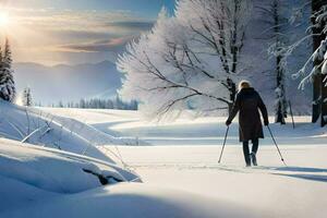 en kvinna är gående genom de snö på skidor. ai-genererad foto