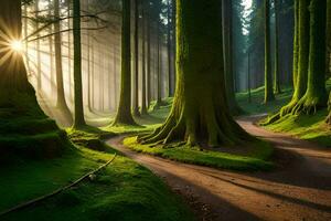 en väg genom en skog med träd och Sol. ai-genererad foto