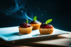 tre mini muffins på en tallrik med rök kommande ut av dem. ai-genererad foto