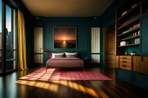 en sovrum med en stor säng och trä- golv. ai-genererad foto