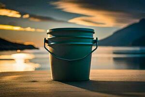 en hink Sammanträde på de strand på solnedgång. ai-genererad foto