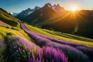 de Sol stiger över lavendel- fält i de berg. ai-genererad foto