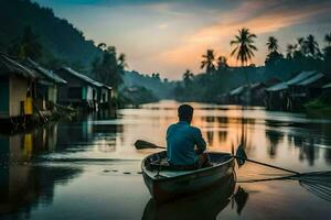 en man i en båt på en flod på solnedgång. ai-genererad foto
