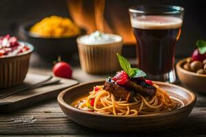 spaghetti med köttbullar och en glas av öl. ai-genererad foto