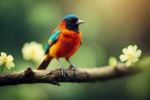 en färgrik fågel sitter på en gren med blommor. ai-genererad foto
