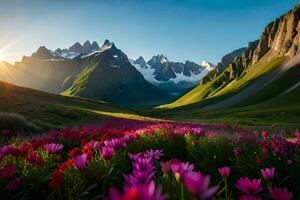 de Sol lyser över en fält av blommor och berg. ai-genererad foto