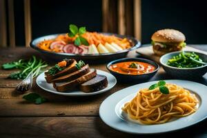 en tabell med plattor av mat och en tallrik av spaghetti. ai-genererad foto