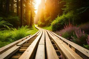 trä- gångväg i de skog med Sol lysande. ai-genererad foto