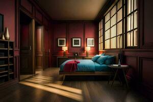 en sovrum med röd väggar och trä golv. ai-genererad foto