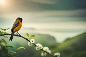 en fågel sitter på en gren med blommor i de bakgrund. ai-genererad foto