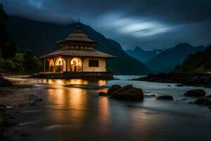 en små tempel sitter på de Strand av en flod på natt. ai-genererad foto
