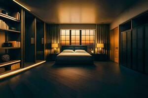 en sovrum med en säng och bokhyllor. ai-genererad foto