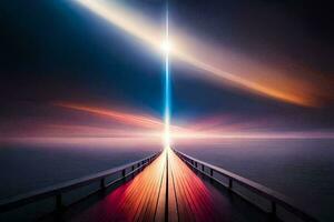 en lång bro med en ljus stråle kommande ut av Det. ai-genererad foto