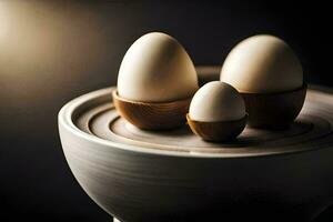 tre ägg i en skål på en tabell. ai-genererad foto