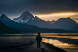 en man stående på en väg ser på de berg. ai-genererad foto